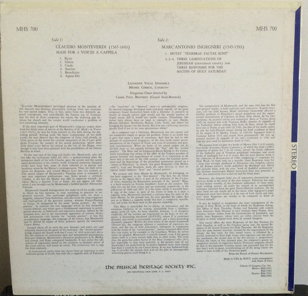 Ensemble Vocal De Lausanne, Claudio Monteverdi, Marco Antonio Ingegneri : Mass For Voices / Motet Tenegrae Factae Sunt / Three Lamentations Of Jeremiah / Three Responses For The Matins Of Holy Saturday (LP)