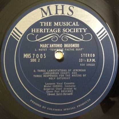 Ensemble Vocal De Lausanne, Claudio Monteverdi, Marco Antonio Ingegneri : Mass For Voices / Motet Tenegrae Factae Sunt / Three Lamentations Of Jeremiah / Three Responses For The Matins Of Holy Saturday (LP)