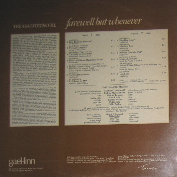 Treasa O' Driscoll : Farewell But Whenever - Amhráin Ghrá (Love Songs Of Ireland From The Fifteenth To The Twentieth Centuries) (LP, Album)