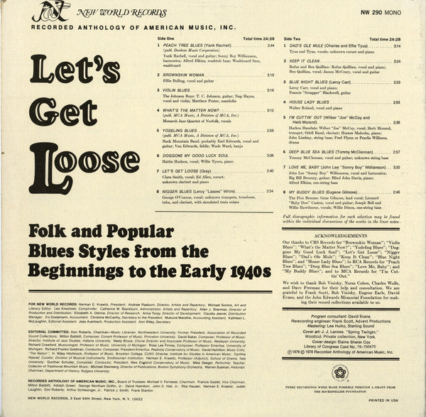 Various : Let's Get Loose (Folk And Popular Blues Styles From The Beginnings To The Early 1940s) (LP, Comp, Mono)