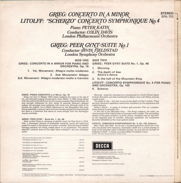 Edvard Grieg / Henry Litolff, Peter Katin : Piano Concerto / Peer Gynt - Suite No. 1 / "Scherzo" (LP, Comp, Sil)