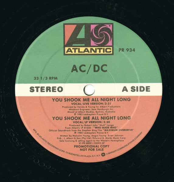 AC/DC : You Shook Me All Night Long (12", Promo)