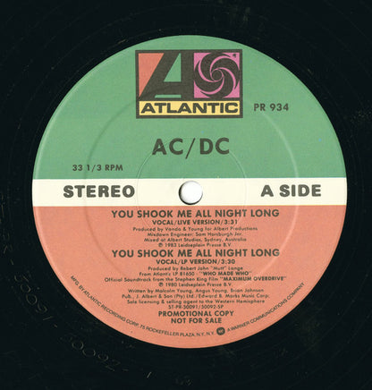 AC/DC : You Shook Me All Night Long (12", Promo)