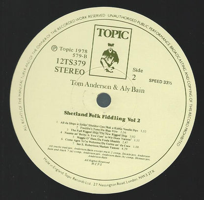 Tom Anderson (10), Aly Bain, "Peerie" Willie Johnson & Violet Tulloch : Shetland Folk Fiddling Vol 2 (LP, Album)