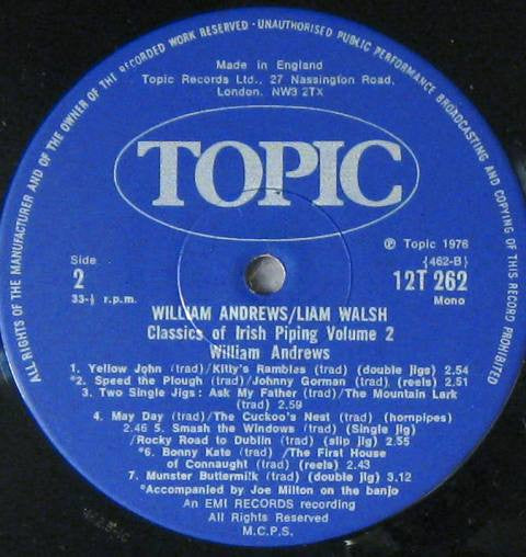 Liam Walsh (2), William Andrews : Classics Of Irish Piping Volume 2 (LP, Mono)