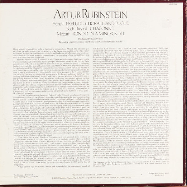 Arthur Rubinstein, César Franck, Johann Sebastian Bach - Ferruccio Busoni, Wolfgang Amadeus Mozart : Prélude, Chorale And Fugue / Chaconne / Rondo In A Minor (LP, Album)