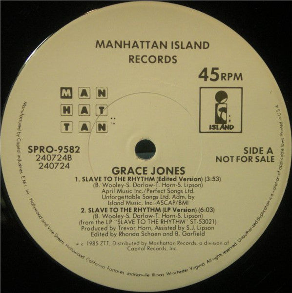 Grace Jones : Slave To The Rhythm / Jones The Rhythm (12", Single, Promo)