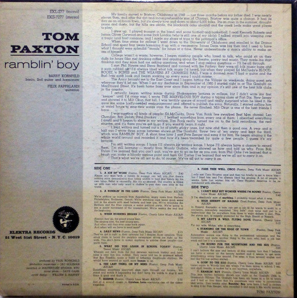 Tom Paxton : Ramblin' Boy (LP, Album, Mono)