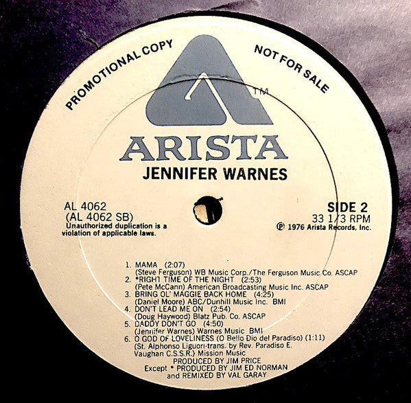 Jennifer Warnes : Jennifer Warnes (LP, Album, Promo)