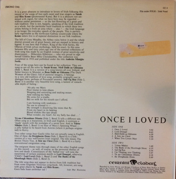 Sarah and Rita Keane : Once I Loved (Songs From The West Of Ireland) (LP, Album, Mono, RE)