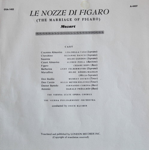 Wolfgang Amadeus Mozart, Wiener Philharmoniker, Erich Kleiber, Hilde Güden, Lisa Della Casa, Suzanne Danco, Cesare Siepi, Alfred Poell, Fernando Corena : Le Nozze Di Figaro (4xLP + Box)