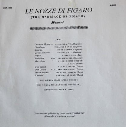 Wolfgang Amadeus Mozart, Wiener Philharmoniker, Erich Kleiber, Hilde Güden, Lisa Della Casa, Suzanne Danco, Cesare Siepi, Alfred Poell, Fernando Corena : Le Nozze Di Figaro (4xLP + Box)