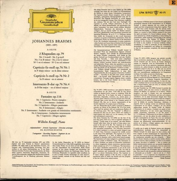Johannes Brahms - Wilhelm Kempff : 2 Rhapsodien Op.79, Capricci Op. 76 Nr.1 Und 2, Intermezzo Op.76 Nr.4, Fantasien Op.116 (LP, Album)