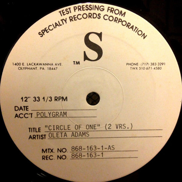Oleta Adams : Circle Of One (12", Promo, TP)