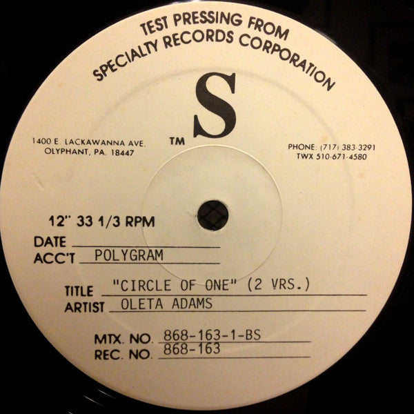 Oleta Adams : Circle Of One (12", Promo, TP)