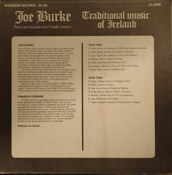 Joe Burke (2) : Traditional Music Of Ireland (LP, Album)
