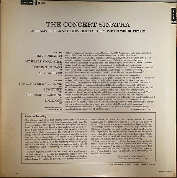 Frank Sinatra : The Concert Sinatra (LP, Album, RE)