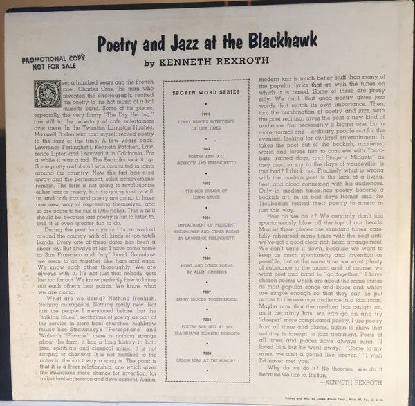 Kenneth Rexroth : Poetry And Jazz At The Blackhawk (LP, Album, Mono, Red)