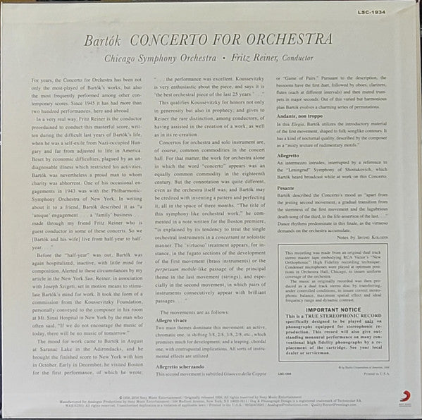 Béla Bartók, Chicago Symphony Orchestra, Fritz Reiner : Concerto For Orchestra (LP, Ltd, RE, RM, 200)
