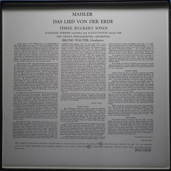 Gustav Mahler, Kathleen Ferrier, Julius Patzak, Wiener Philharmoniker Conducted By Bruno Walter : Das Lied Von Der Erde (2xLP, Mono + Box)