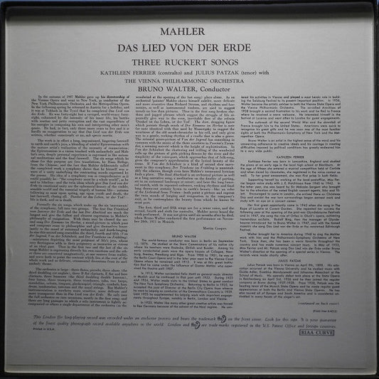 Gustav Mahler, Kathleen Ferrier, Julius Patzak, Wiener Philharmoniker Conducted By Bruno Walter : Das Lied Von Der Erde (2xLP, Mono + Box)