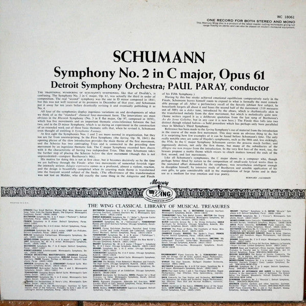 Robert Schumann - Paul Paray, Detroit Symphony Orchestra : Symphony No. 2 In C Major, Op. 61 (LP)
