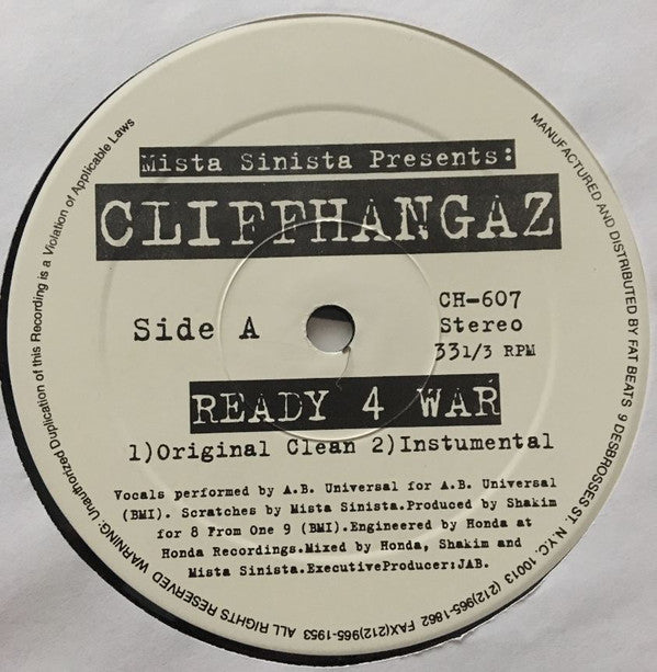 Mista Sinista Presents: Cliffhangaz : Ready 4 War / Curry Chicken Head (12")