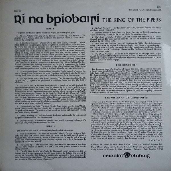 Leo Rowsome : Rí Na bPíobairí - The King Of The Pipers (LP, Album, RE)