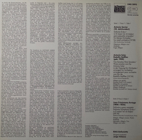 RIAS Sinfonietta, Jorge Velazco : 2 Sinfonien & 3 Sonaten (LP)