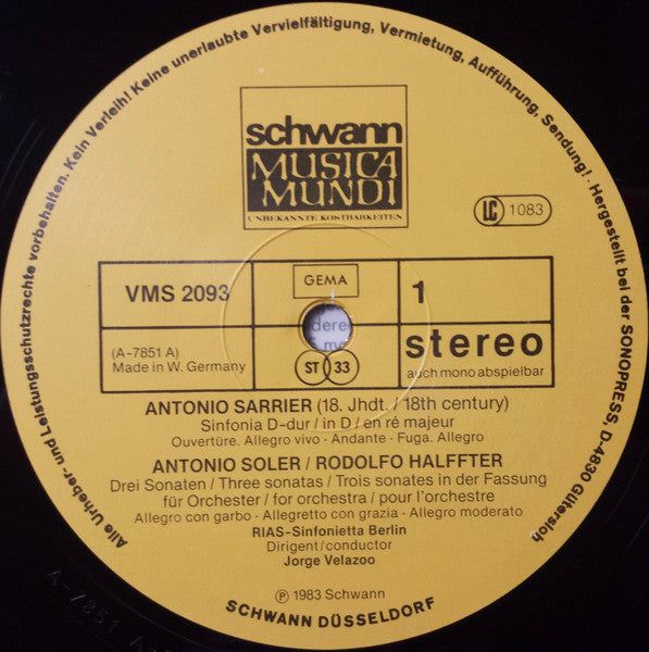 RIAS Sinfonietta, Jorge Velazco : 2 Sinfonien & 3 Sonaten (LP)