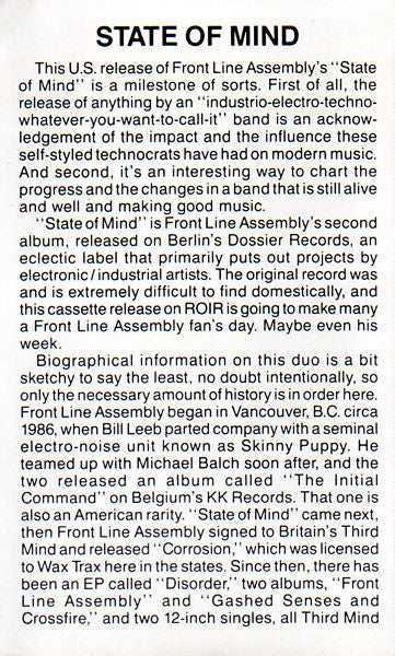Front Line Assembly : State Of Mind (Cass, Album, RE)