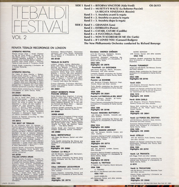 Renata Tebaldi With The New Philharmonia Orchestra Conducted By Richard Bonynge : Tebaldi Festival Vol. 2 (LP, Album)