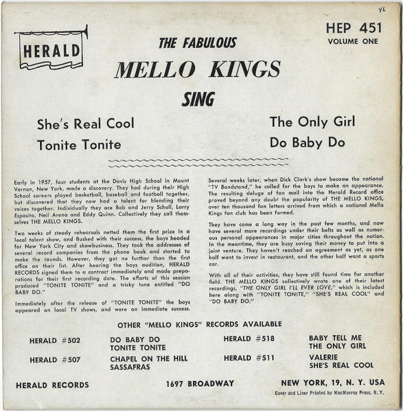 The Mello Kings : The Fabulous Mello-Kings (7", EP)