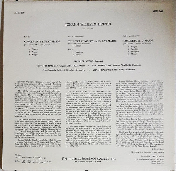 Johann Wilhelm Hertel - Maurice André, Jean Pierlot And  Jacques Chambon, Paul Hongne And Amaury Wallez, Orchestre De Chambre Jean-François Paillard, Jean-François Paillard : Concerto In E-Flat Major / Trumpet Concerto In E-Flat Major / Concerto In D Major (LP)