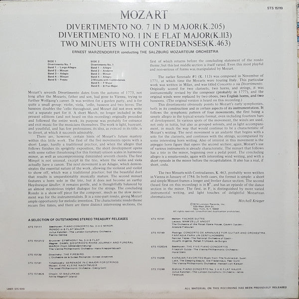 Wolfgang Amadeus Mozart, Das Mozarteum Orchester Salzburg, Ernst Märzendorfer : Divertimento No. 7 In D Major / Divertimento No. 1 In E Flat Major / Two Minuets With Contredanses (LP, Album, RE)