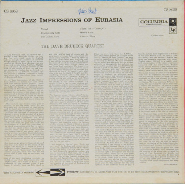 The Dave Brubeck Quartet : Jazz Impressions Of Eurasia (LP, Album)