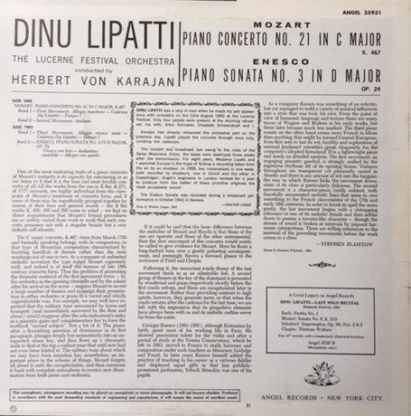 Wolfgang Amadeus Mozart - Dinu Lipatti, Lucerne Festival Orchestra, Herbert von Karajan, George Enescu : Piano Concerto In C, K 467; Piano Sonata In D, Op 24 (LP, Album, Mono, RE)