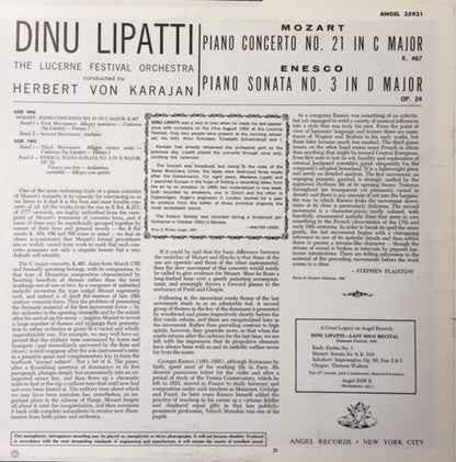 Wolfgang Amadeus Mozart - Dinu Lipatti, Lucerne Festival Orchestra, Herbert von Karajan, George Enescu : Piano Concerto In C, K 467; Piano Sonata In D, Op 24 (LP, Album, Mono, RE)