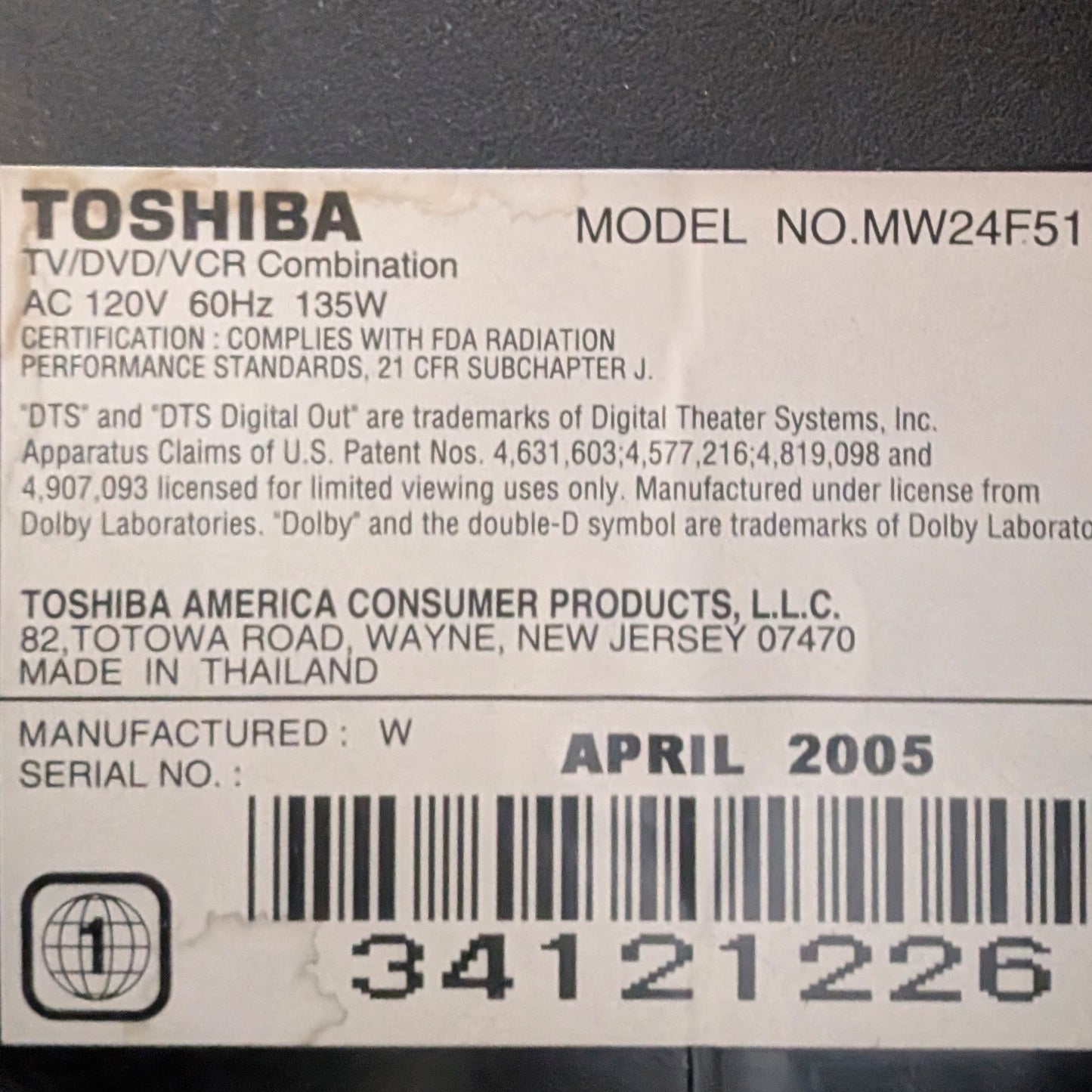 TOSHIBA MW24F51 24” TV w/ VHS (DVD does not work.) ***PICK-UP ONLY***