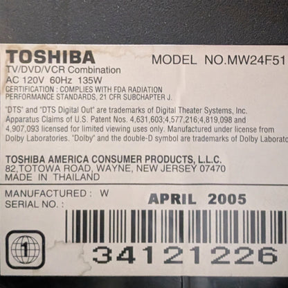TOSHIBA MW24F51 24” TV w/ VHS (DVD does not work.) ***PICK-UP ONLY***