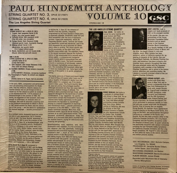 Paul Hindemith - Los Angeles String Quartet : Paul Shure & Bonnie Douglas, Janet Lakatos, Armand Kaproff : String Quartet No. 3, Opus 22 (1921) / String Quartet No. 4, Opus 32 (1923) (LP, Album)