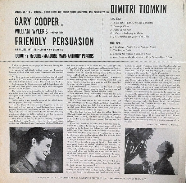 Dimitri Tiomkin : Friendly Persuasion:  Original Music From The Soundtrack Of The Motion Picture (LP, Album, Mono)
