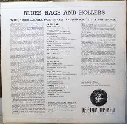 "Spider" John Koerner, Dave "Snaker" Ray And Tony "Little Sun" Glover* : Blues, Rags And Hollers (LP, Album, Mono)