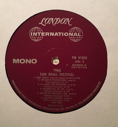 Various : San Remo Festival 1964: 12 Great Songs (LP, Comp, Mono)