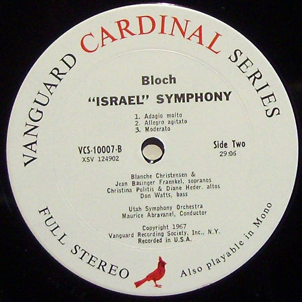 Bloch* - Utah Symphony Orchestra, Maurice Abravanel* : Schelomo (Hebrew Rhapsody For Cello And Orchestra) / 'Israel' Symphony (LP, Album)